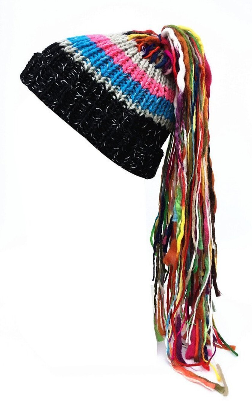 7079 / Barbarian Vagabond Knit Hat Wig Ponytail Beanie Funny Caps Black